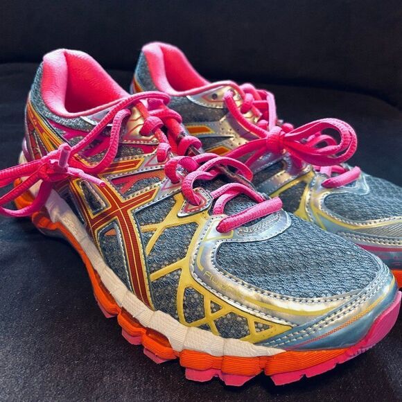 RARE ASICS GEL KAYANO 20 Grey Yellow Pink Orange Womens 7 MEDIUM 38 EUR - Picture 2 of 13